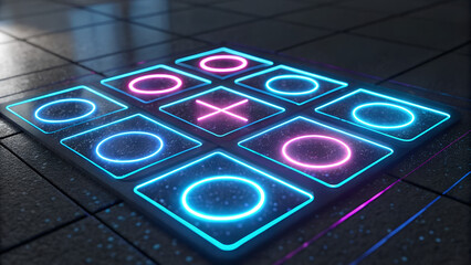 Illuminated neon tic tac toe game board with glowing pink x and blue o symbols on a dark futuristic grid surface