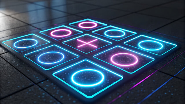 Illuminated neon tic tac toe game board with glowing pink x and blue o symbols on a dark futuristic grid surface
