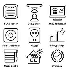 Smart Building Energy Icons. Outline style icons of Smart Building Energy Management: HVAC sensor, occupancy detector, BMS
