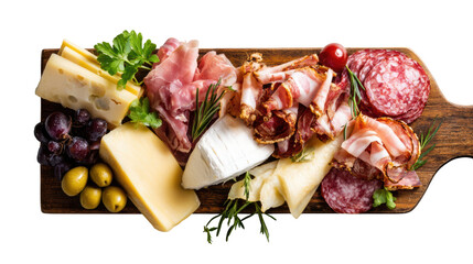 Charcuterie board with assorted cheeses, meats, olives, and grapes on a wooden platter.