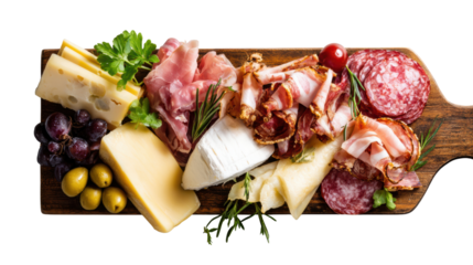 Charcuterie board with assorted cheeses, meats, olives, and grapes on a wooden platter.