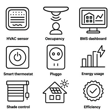 Smart Building Energy Icons. Outline style icons of Smart Building Energy Management: HVAC sensor, occupancy detector, BMS
