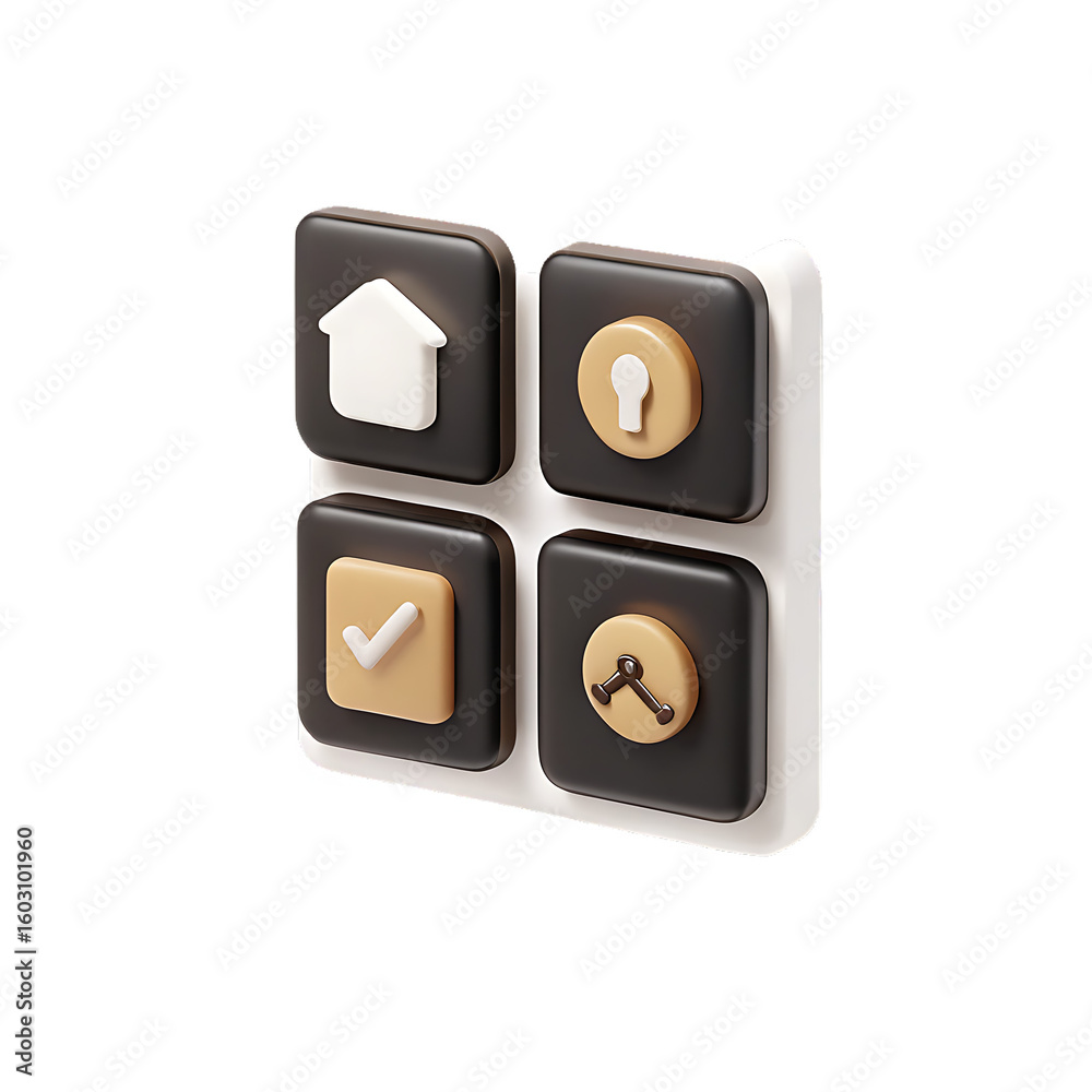 Fototapete 3 d rendered floating square blocks with icons for home key checkmark and clock isolated on a transp
