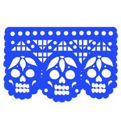 papel picado azul calaverita día de muertos, decoración fiesta mexicana