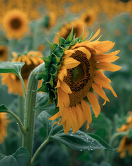 Golden sunflower petals with water droplets yellow orange