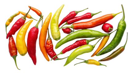Colorful assortment of fresh chili peppers on a white background.