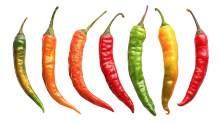 Colorful assortment of fresh chili peppers on white isolated background.