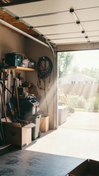 Sunlight fills a messy garage while tools, boxes, and gardening items are neatly arranged inside