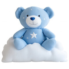 Obraz premium Sky Blue Teddy Bear on Cloud: A soft, sky-blue teddy bear with a star embellishment, perched charmingly on a fluffy white cloud, evokes feelings of comfort and serenity.