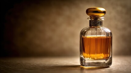 Elegant glass perfume bottle on a textured surface.