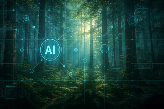 AI Forest Grid Overlay with Floating Digital Nodes and Sunlight Foliage, Eco Surveillance Technology Fusion Background
