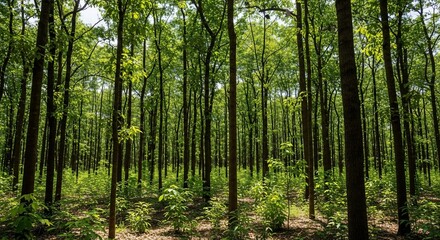 A dense green forest with tall, slender trees and sunlight filtering through the lush canopy.