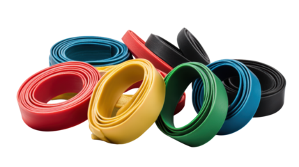 Colorful resistance bands for fitness training, isolated on a white background.