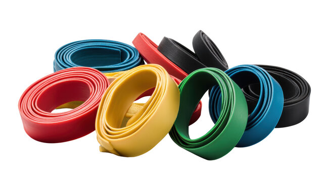 Colorful resistance bands for fitness training, isolated on a white background.