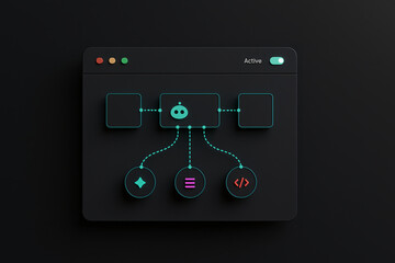 AI-powered workflow automation on a visual, node-based editor. Concept of no-code/low-code development and process management.