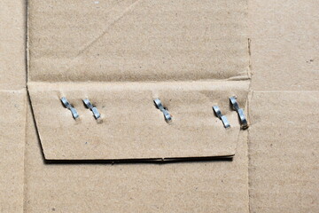 Metal staple on brown cardboard