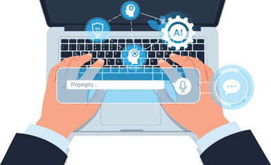 Person typing on laptop with ai icons and a prompt box overlaying the keyboard with microphone icon