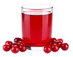 Fresh cranberry juice in a clear glass, accompanied by ripe cranberries, isolated on a crisp white background.