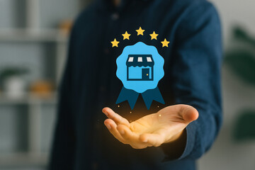 Man holding a five-star award for best store. Concept of franchise excellence, quality service, and top customer rating.