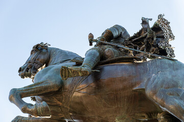 Madrid, Spain. Equestrian statue of King Philip IV in Plaza de Oriente, sculpted by Pietro Tacca in 1640 from a design by Galileo Galilei, notable for its dynamic balance and raised front legs