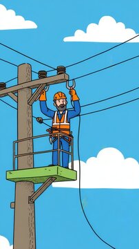 A worker stands on a platform fixing power lines amid dark clouds and lightning in the sky