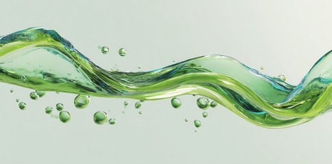 A dynamic, abstract composition showcases flowing green liquid resembling ocean waves, accented by scattered bubbles, creating a sense of movement and fluidity against a pale backdrop.