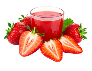 Delicious strawberry juice in a glass with fresh strawberries, isolated on a white background, for a sweet treat.