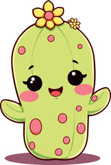 Kawaii Green Cactus with Yellow Flower Cute Art