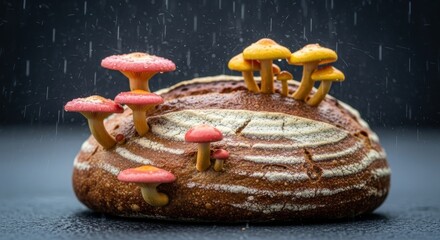 Loaf of Bread Growing Mushrooms in the Rain