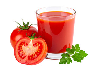 A glass of fresh tomato juice with whole and sliced tomatoes, isolated on a white background.
