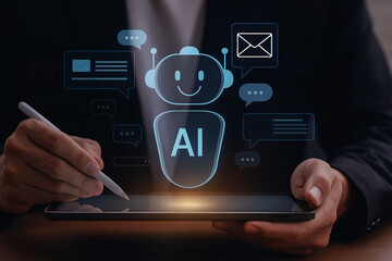 Man interacting with an AI chatbot on a tablet using a stylus. Concept of artificial intelligence, business automation, and virtual assistant technology for communication.