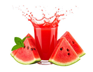 Refreshing watermelon juice splash in a glass with watermelon slices, isolated on a white...