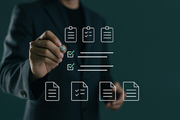 Businessman managing digital documents and an electronic checklist on a virtual interface. Concept of compliance, quality control, and task management.