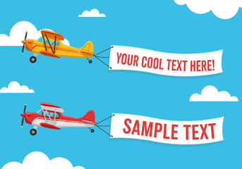 Two vintage biplanes flying in the sky pulling banners with text for your advertising or announcement needs