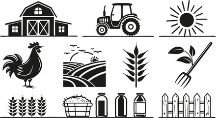 Fototapeta premium Farming Agriculture Icons Set – Tractor, Farmer, Crops, Tools & Equipment Symbols