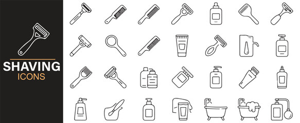 Line Art Icons of Shaving Products, Razors, and Grooming Tools for Digital Design