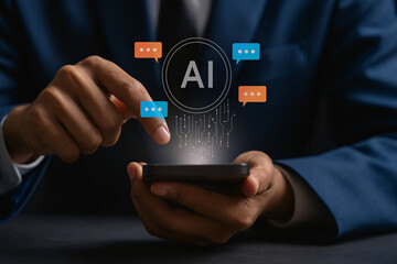 Businessman using a smartphone to interact with an AI chatbot. Concept of conversational artificial intelligence, customer service automation, and modern business technology.