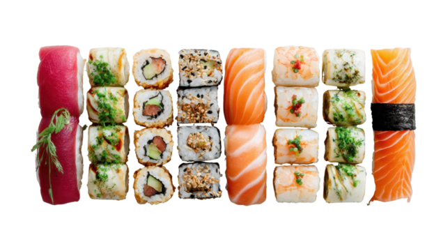 Delicious assorted sushi rolls arranged on a platter, vibrant colors and textures, perfect for a culinary feast. - Powered by Adobe