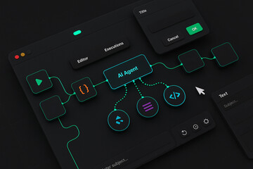 AI agent workflow automation shown on a visual node-based editor. Concept of no-code/low-code development platforms, process management, and artificial intelligence solutions.