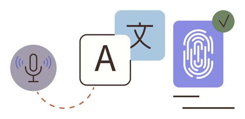 Voice input, language translation symbols, and fingerprint authentication for secure communication and identification. Ideal for technology, app interfaces, security, language learning