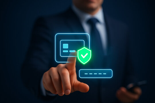 Businessman using a virtual interface for secure online payment. Concept of financial technology, e-commerce security, and credit card data protection.