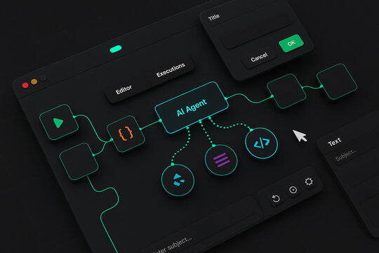 AI agent workflow automation shown on a visual node-based editor. Concept of no-code/low-code development platforms, process management, and artificial intelligence solutions.