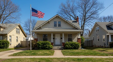 Suburban Bungalow Home American Flag Waving Residential Neighborhood Blue Sky Day