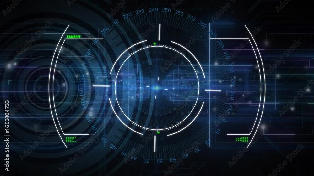 Poster small glowing dot appearing initiating hud reticle forming pulsing green indicator visualizing scan