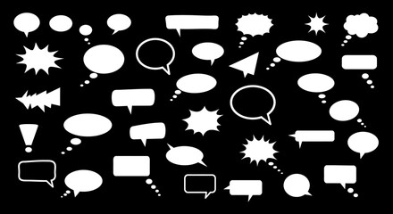 A Diverse Collection of White Speech Bubbles and Thought Clouds Scattered Across a Black Background Representing Communication Ideas and Conversations