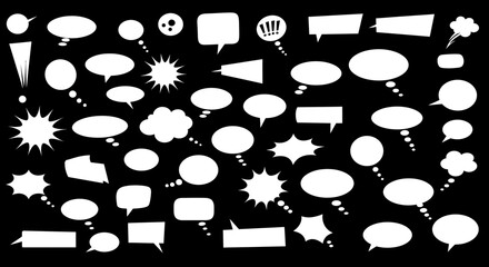 Collection of White Comic Book Speech Bubbles and Thought Clouds on a Black Background Featuring Various Shapes and Sizes for Creative Design Projects and Storytelling Elements