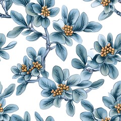 Intricate floral pattern of branches with leaves and small fruits.