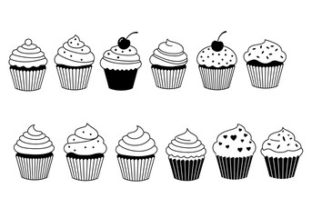 A delightful collection of hand-drawn cupcakes featuring various frosting styles and decorative toppings perfect for bakery menus invitations or any sweet celebration event design
