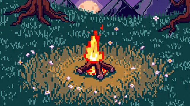 A pixelated loopable campfire surrounded by wildflowers. Moon and mountain in the background and trees framing the campfire. 