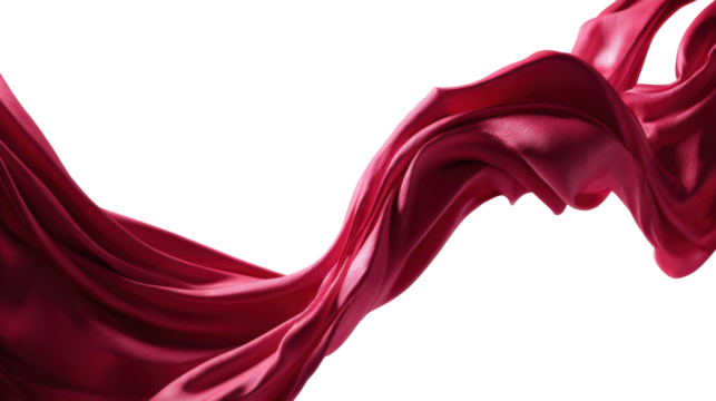 Elegant red silk fabric flowing gracefully against a white isolated background.